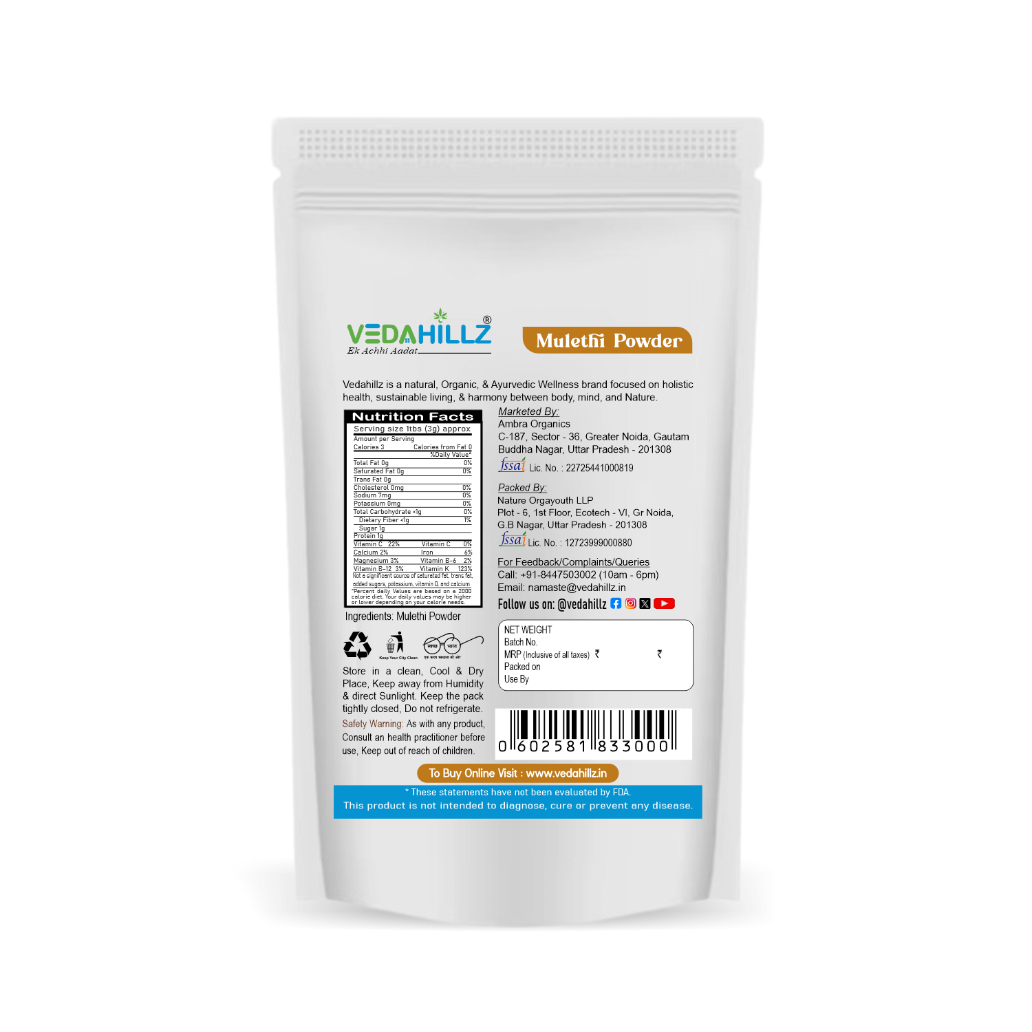 Vedahillz Mulethi Powder Made from Carefully Selected Licorice Roots